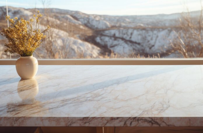 Marble empty table top in modern kitchen, kitchen panel in interior. Scene showcase, banner